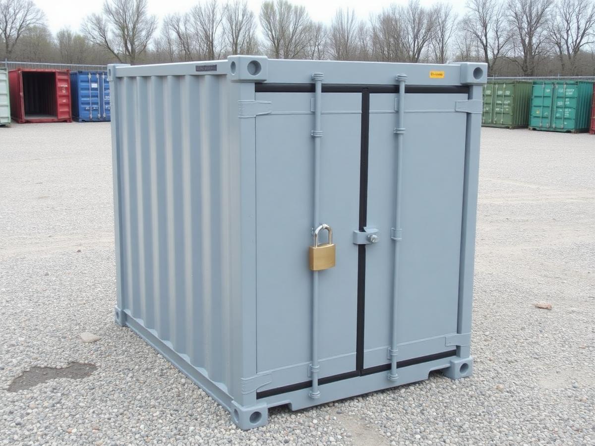 Grey 10ft storage container with a padlock on the door in a fenced yard