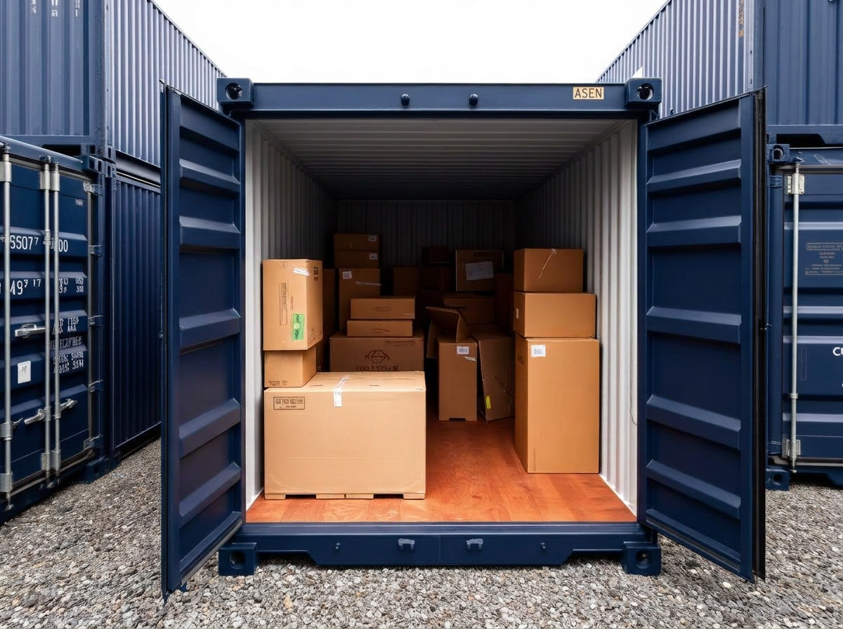 Open 20ft storage container filled with household boxes and furniture